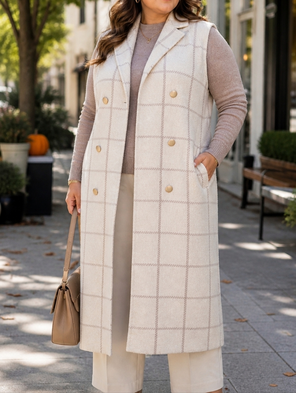 Rachel Zoe Cream Taupe Windowpane Knit Long Vest Trench Coat Plus Size Breasted
